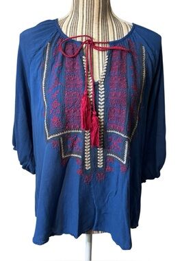 Hazel Boho Top Large Blue Embroidered Peasant Tunic Magenta Tassels 3/4 Sleeves